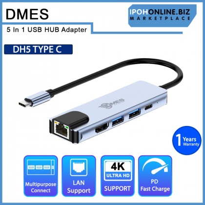 DMES DH5 5 In 1 USB Type C to HDMI 4K + USB 3.0 + PD + LAN Hub Adapter